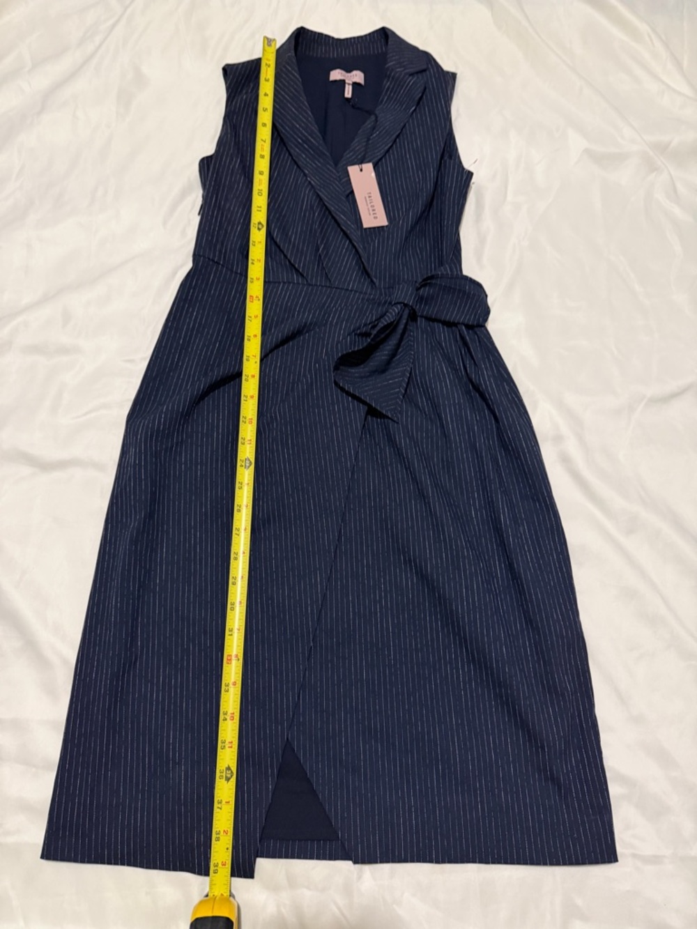 Sleeveless Navy Pinstripe Wrap-Front Mini Dress, SZ 0, NWT - Picture 7 of 14